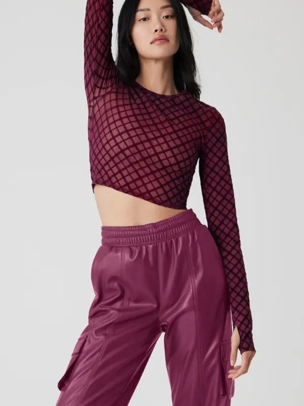 ALO Yoga Wild Berry Mesh Plaid Long-Sleeve Crop Top Size M
